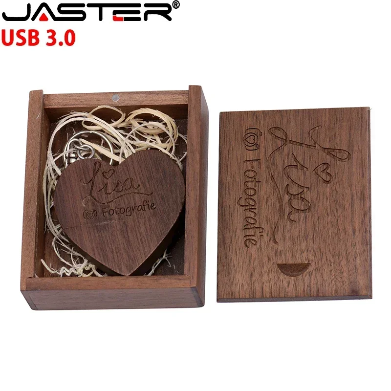 Unidad flash USB 3,0 de alta velocidad de madera en forma de corazón, unidad de bolígrafo con logotipo personalizado gratuito, 128GB, 64GB con