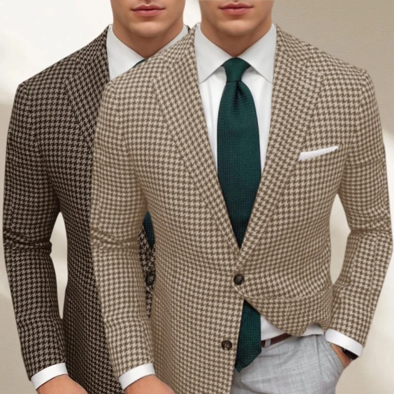 

Classic Men's Houndstooth jacket Vintage Brown Plaid Wool Blend Soft-Wear Formal Suit Ideal for Men's Weddings Tweed Blazer