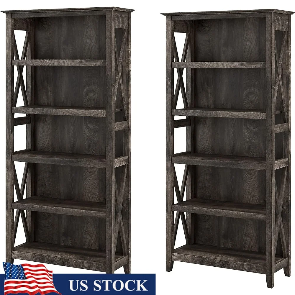 Tall Bookshelf Set of 2 with 5 Shelves Adjustable Sturdy Display Storage Office Living Room Library Study Room Easy Assembly