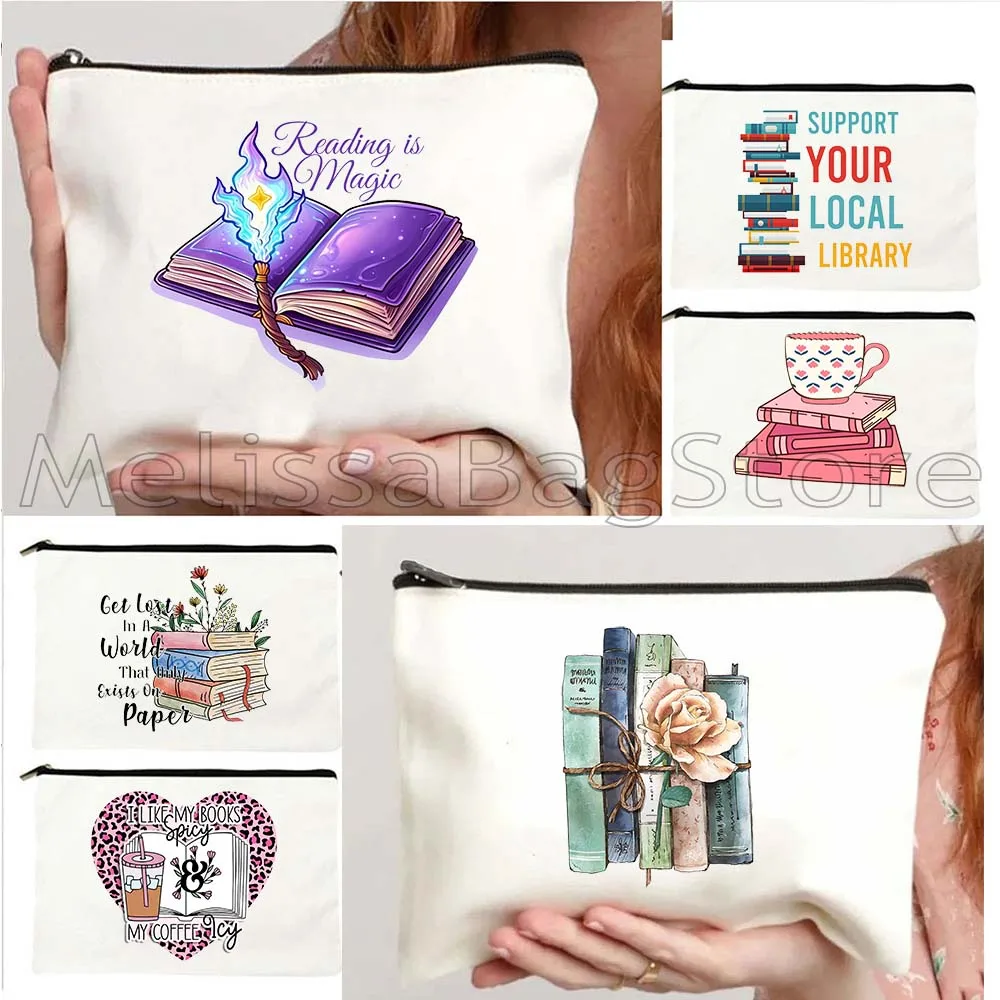 Aesthetic Book Lover Bookish Quotes Floral Flowers Growing From Books Reading Tea Cup Cat Storage Cosmetic Bag Makeup Case Pouch