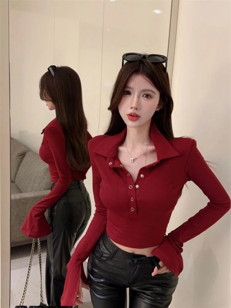 

Стильная женская рубашка-поло с коротким рукавом, осенне-зимний облегающий укороченный топ, термобелье. ​