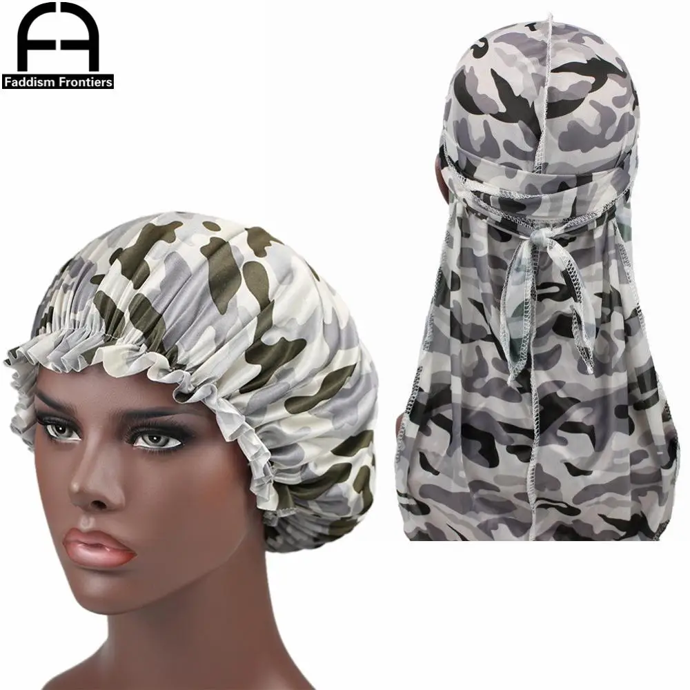 Camo Silky Durag dopasuj czapkę kobiety wzór moro nadruk na tkaninie Ankara czapeczki czapka do spania damskie Turban