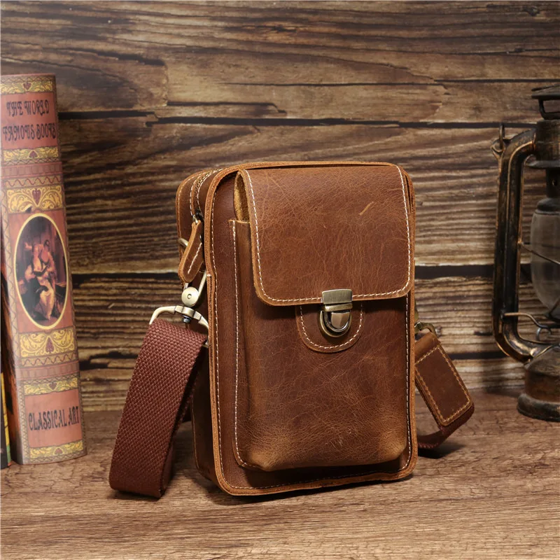 3614 Men's Retro Crazy Horse Leather Waist Bag, Casual Genuine Leather Head Layer, Cowhide Crossbody, Outward Travel
