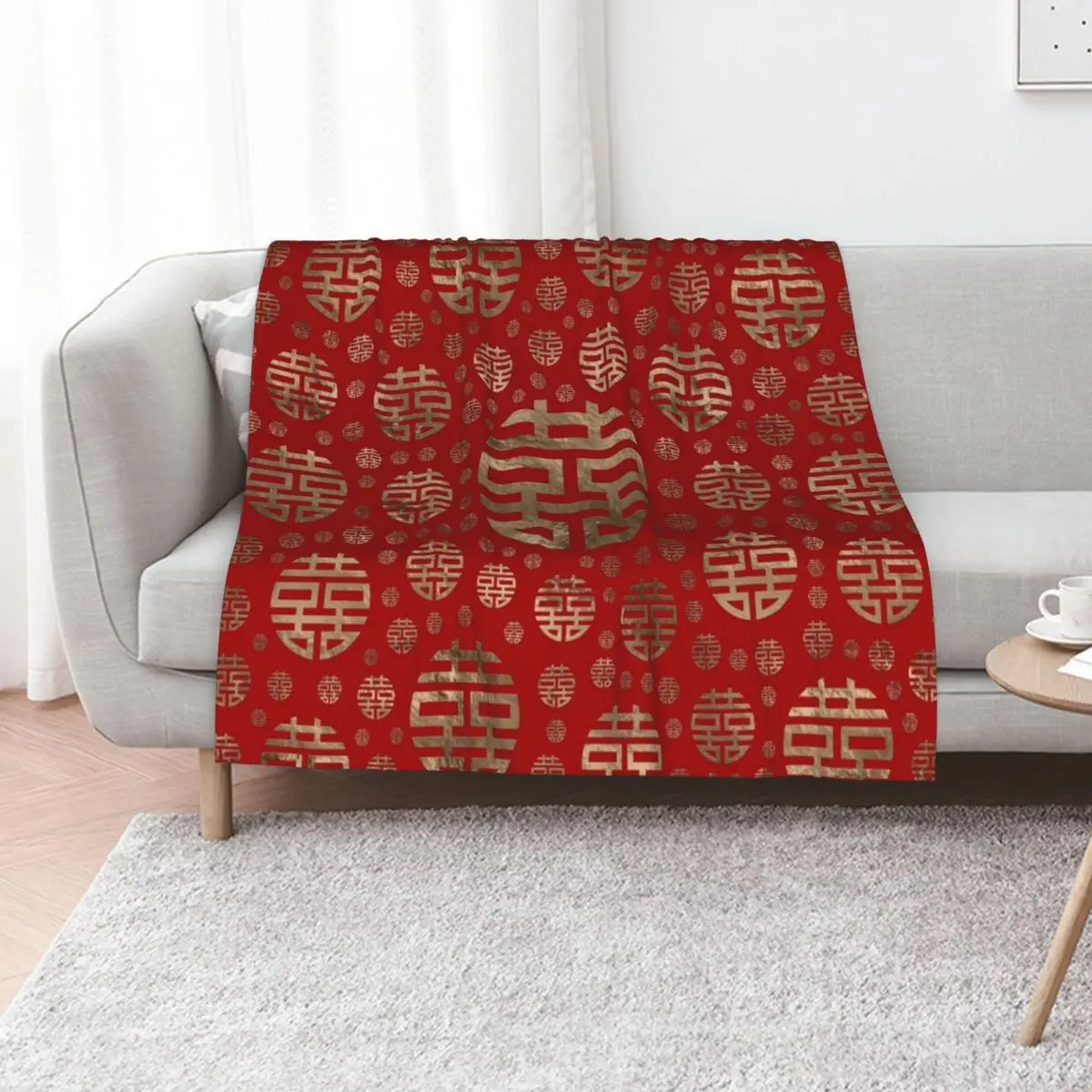 

Double Happiness Symbol pattern - Gold on red Throw Blanket Picnic Winter beds bed plaid Moving Blankets