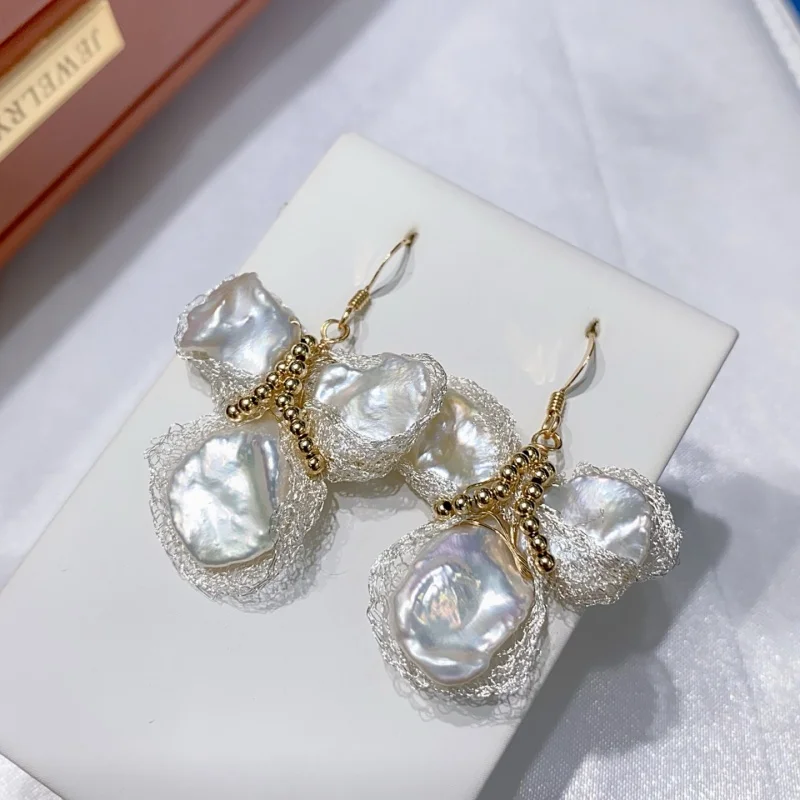 Sgarit brincos de pérola barroca natural, flores artesanais de renda irregular, acessórios de orelha de ouro preenchido 14k, brincos de casamento diy