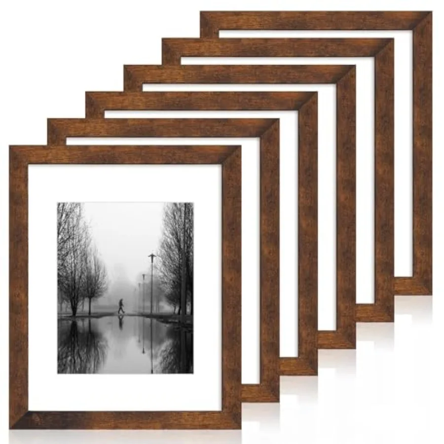 

Picture Frame Set of 6 with Tempered Glass, Rustic Frame Display Pictures with Mat or 11 x 14 Without Mat, Wooden Photo Frames