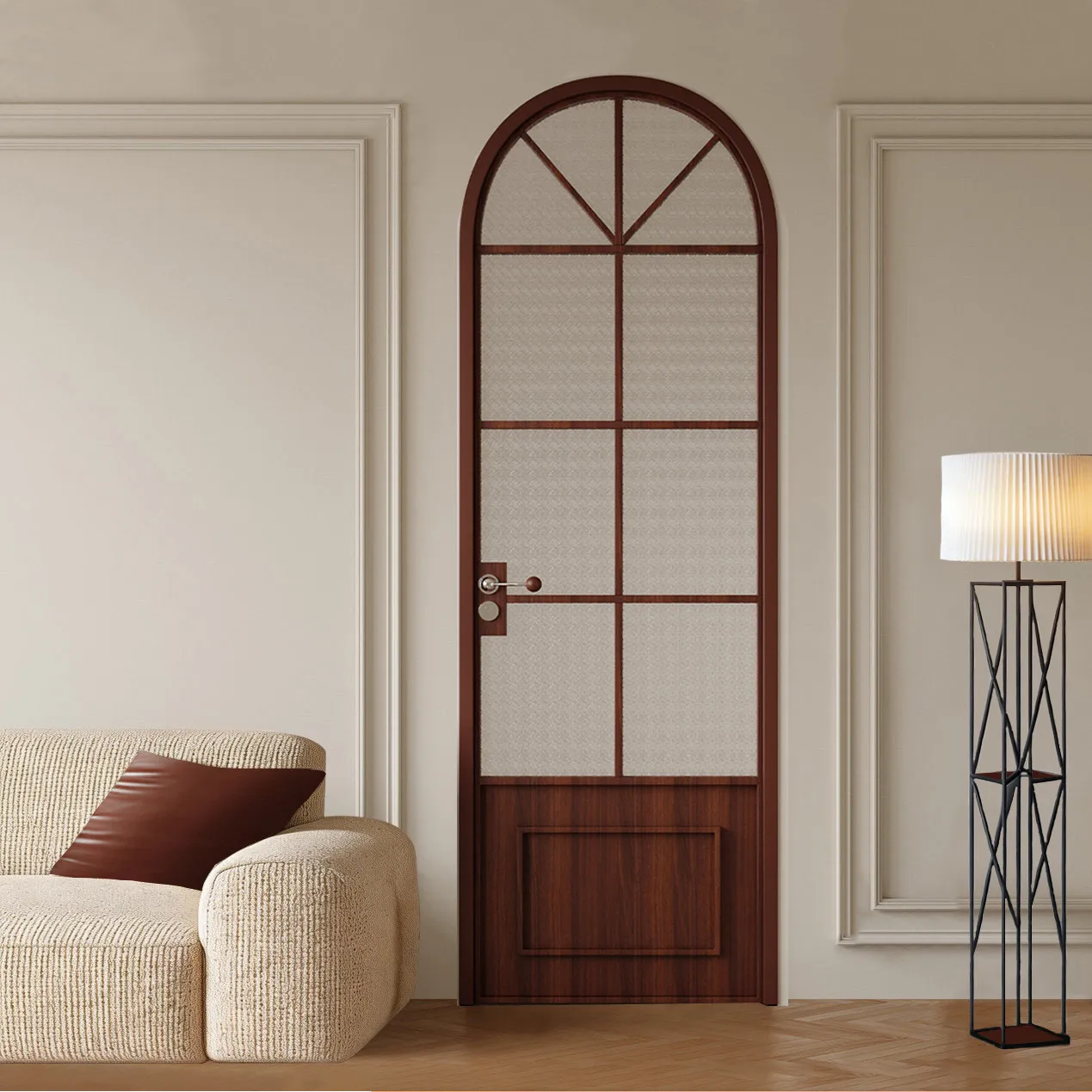 

French high-end kitchen paint arc arched door aluminum alloy bathroom toilet kitchen tempered glass swing door