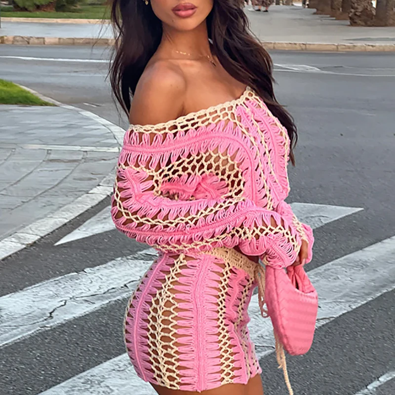 

Casual V Neck Crochet Pullover&Mini Skirts Set Sexy Hollow Out Women's Outfit Fashion Contrast Color Long Sleeve Knitted 2 Piece
