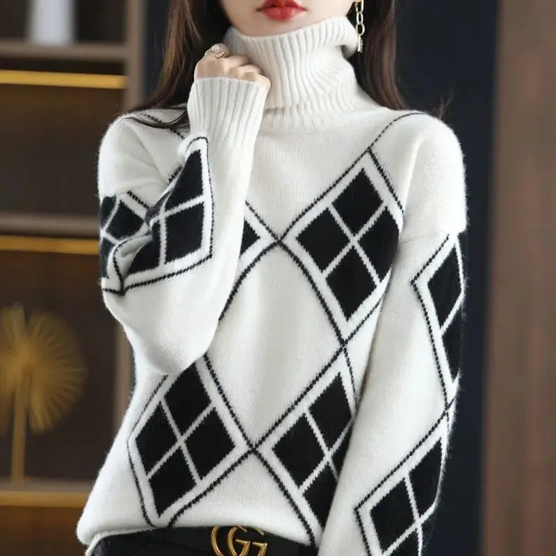 

Korean Fashion Knitted Spliced Loose Women's Turtleneck Sweater Autumn Winter Casual Pullover Tops All-match Commute Sweaters