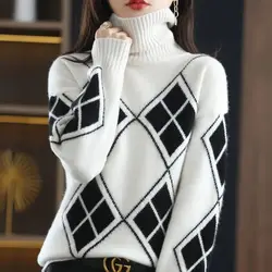 Korean Fashion Knitted Spliced Loose Women's Turtleneck Sweater Autumn Winter Casual Pullover Tops All-match Commute Sweaters