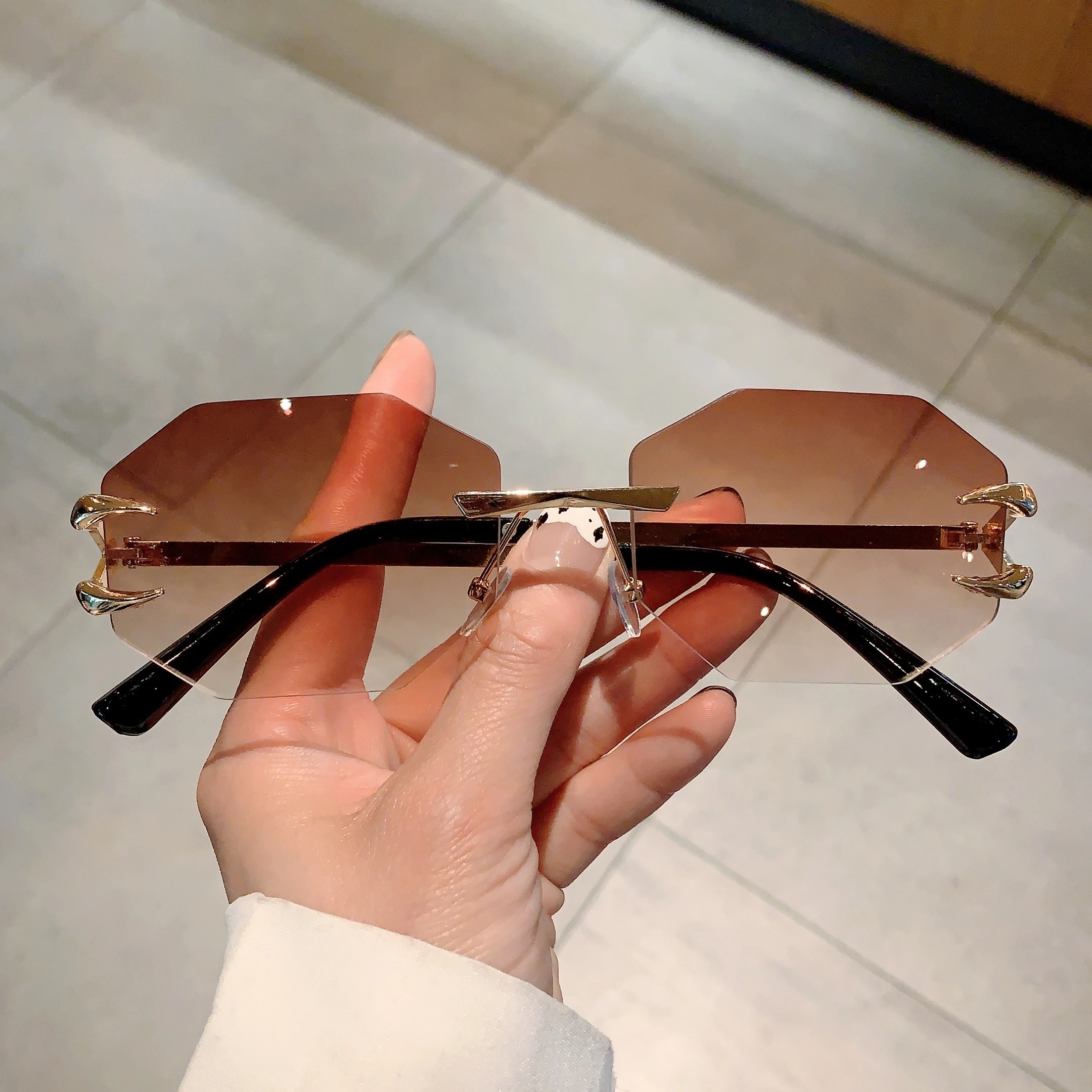 KAMMPT Rimless Polygon Sunglasses Fashion Women Vintage Gradient Ocean Lenses Shades Trendy Luxury Brand Design Chic Sun Glasses