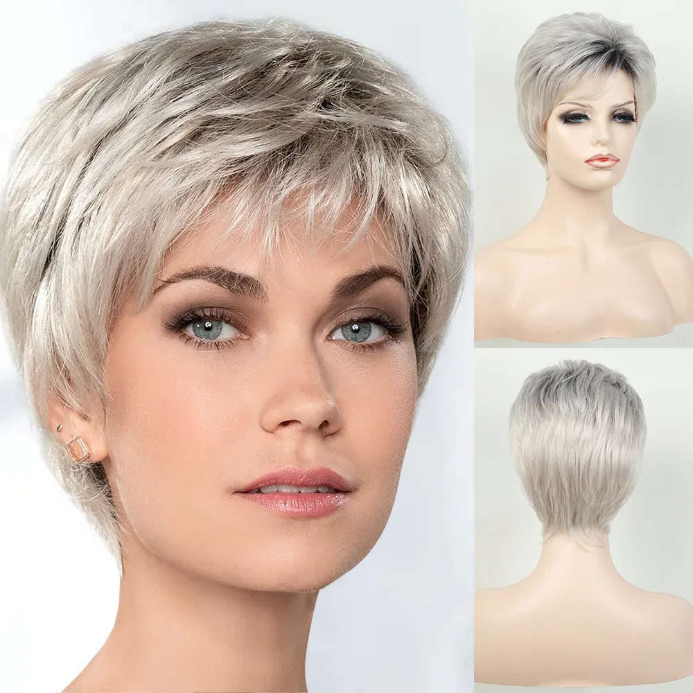 Lady Short Wigs Natural Synthetic Straight Woman Hair Wig Silver Ombre Gray with Bangs Heat Resistant Fashion Daily Use Wigs