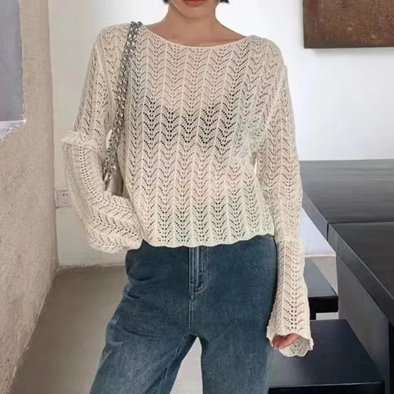 Black White Sheer Crochet Top Cover-Up Long Sleeve Open-knit Blouse Pullovers for Women Spring Summer Boho Vacation Outfit