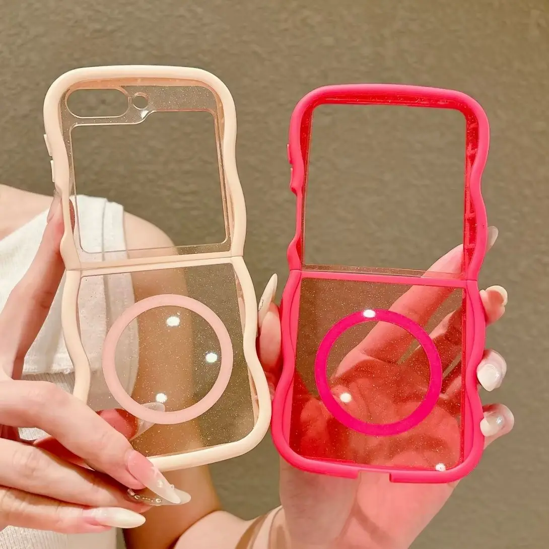 Wave Curly Frame stoßfeste, glitzernde, transparente magnetische Hülle für Samsung Z Flip 8 7 6 5 4 3 ZFlip8 für Magsafe Wireless Charge Cover