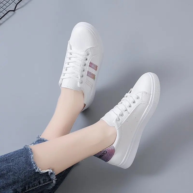 Spring Autumn New Anti-Slip Casual Shallow White Shoes Women Flat Bottom One-Legged Versatile Sports Leather Student Board Shoes