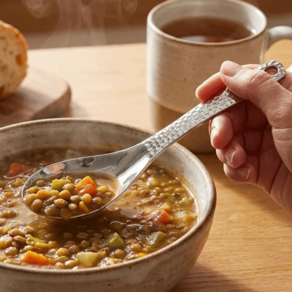 Rust Resistant Hammer Patterned Stainless Steel Spoon Thickened Deepen Soup Spoon with Hanging Hole Dessert Spoon Home Kitchen