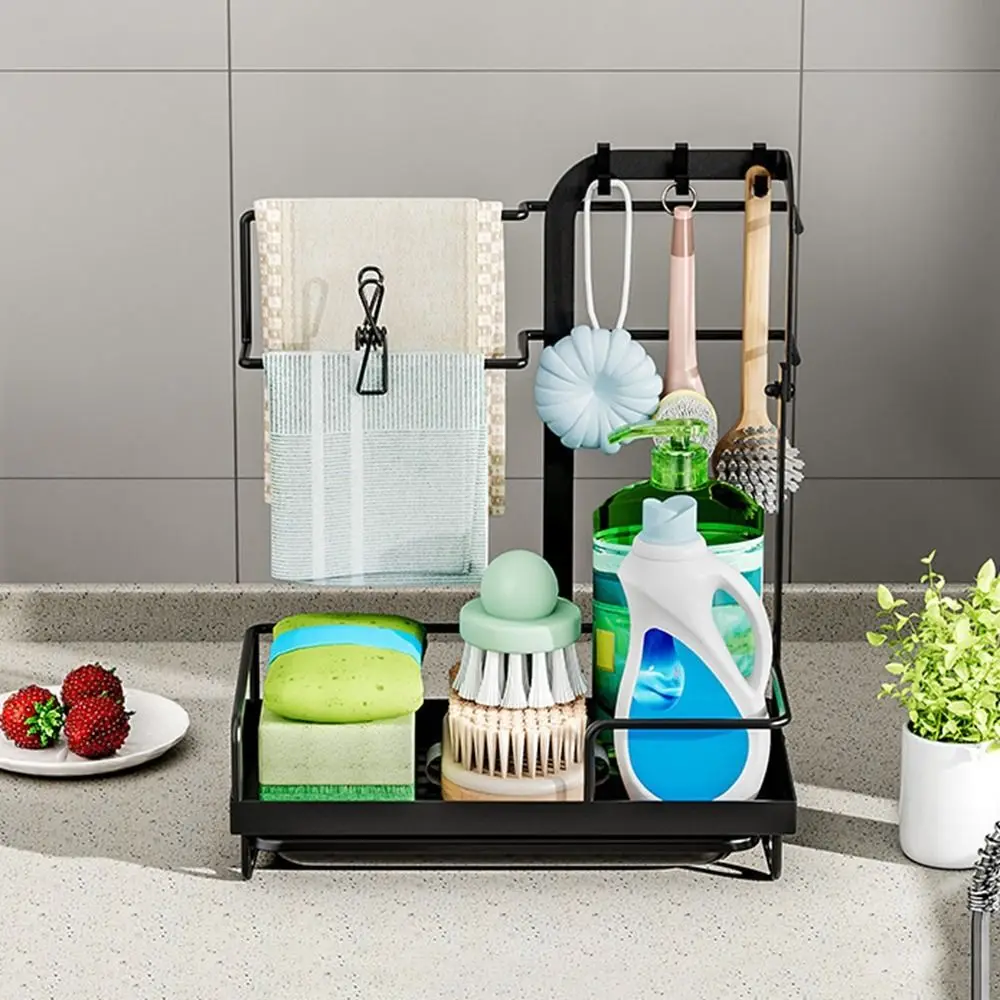 

Iron Sink Storage Rack Large Space Saving Dishcloth Towel Rack with Drain Tray Self-draining Soap Sponge Holder for Home