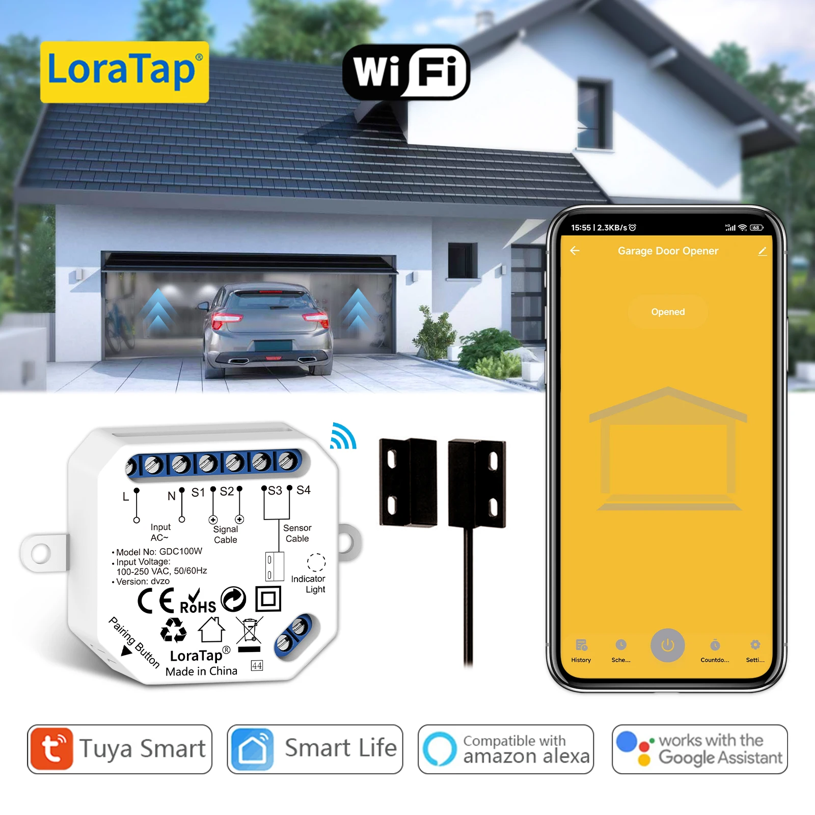 LoraTap Tuya Smart Life Garage Door Opener Controller Wired Sensor Security Early Warning System Work Google Assistant Alexa