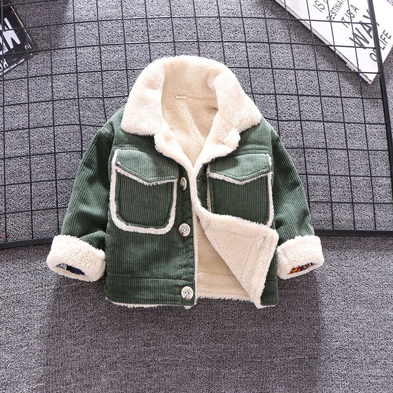 Children\'s Autumn/Winter Fashion Plush Lapel Coat Boys\' Cartoon Pattern Thicken Jacket Kids Casual Cotton Outerwear 9 M-4 Years