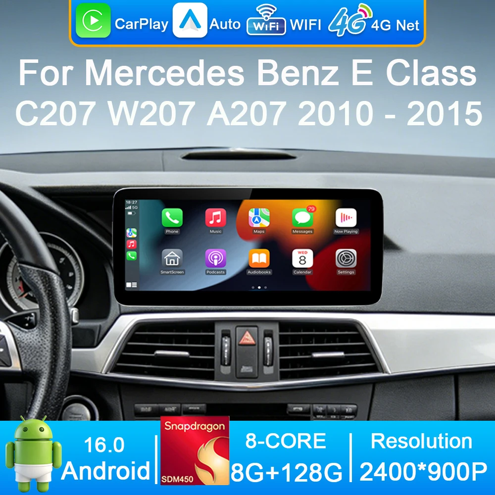 

Автомагнитола для Mercedes-Benz E-класса C207 W207 A207 2010-2015, Android 16, беспроводной CarPlay, сенсорный экран 2400*900P, Bluetooth