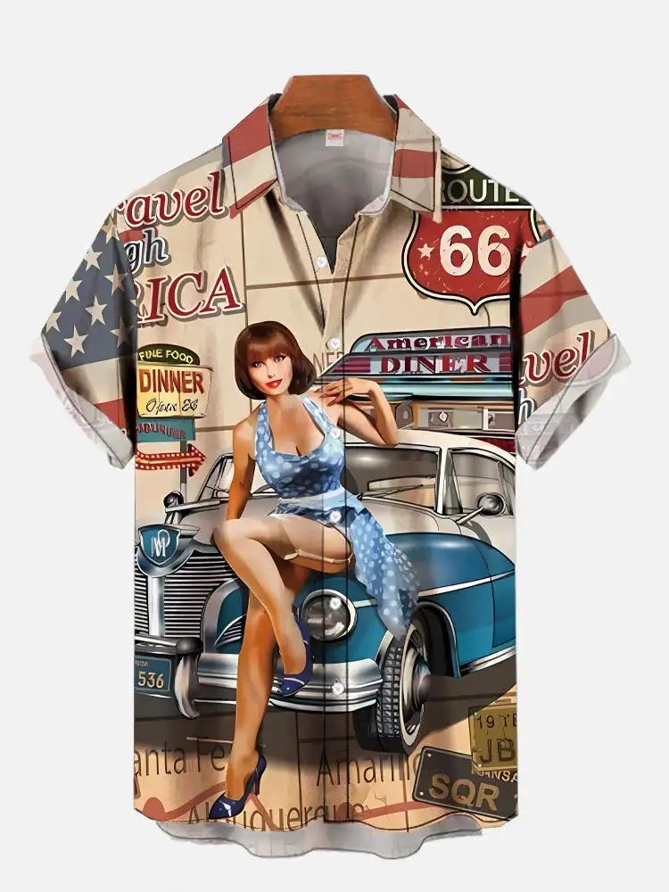 1970S-1980S Vintage Pin Up Girl Poster Hawaiian Beach Cowgirl Gedrukt Shirt Met Korte Mouwen Mode Retro Auto shirt Voor Mannen Hrajuku