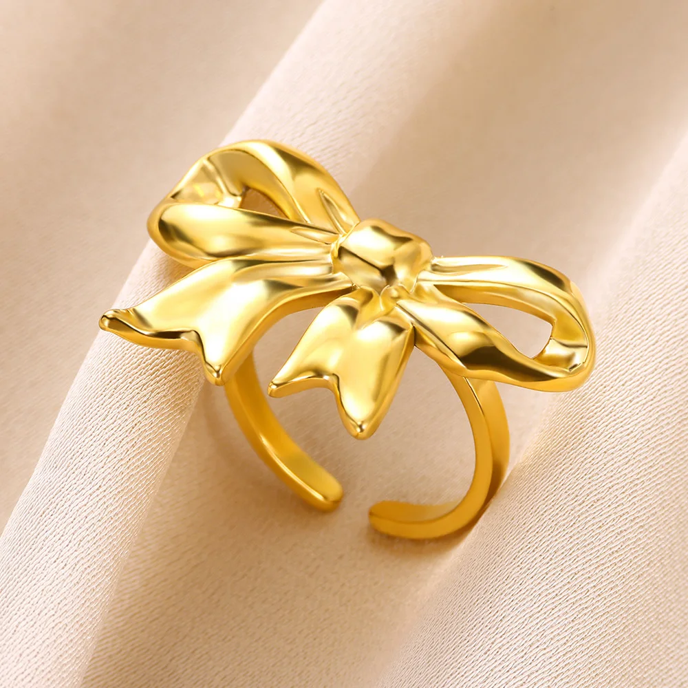 Gold Color Bow Jewelry Set Earrings Bracelets Rings For Women Fashion Cute Stainless Steel Party Wedding Valentine\'s Day Gifts