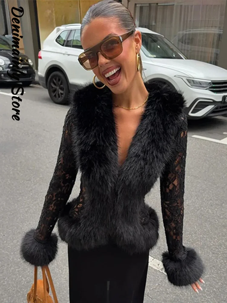 Fashion Women's Solid Lace Fur Patchwork Jacket Slim See Through V-neck Full Sleeve Female Coats 2026 Autumn Lady Street Outwear