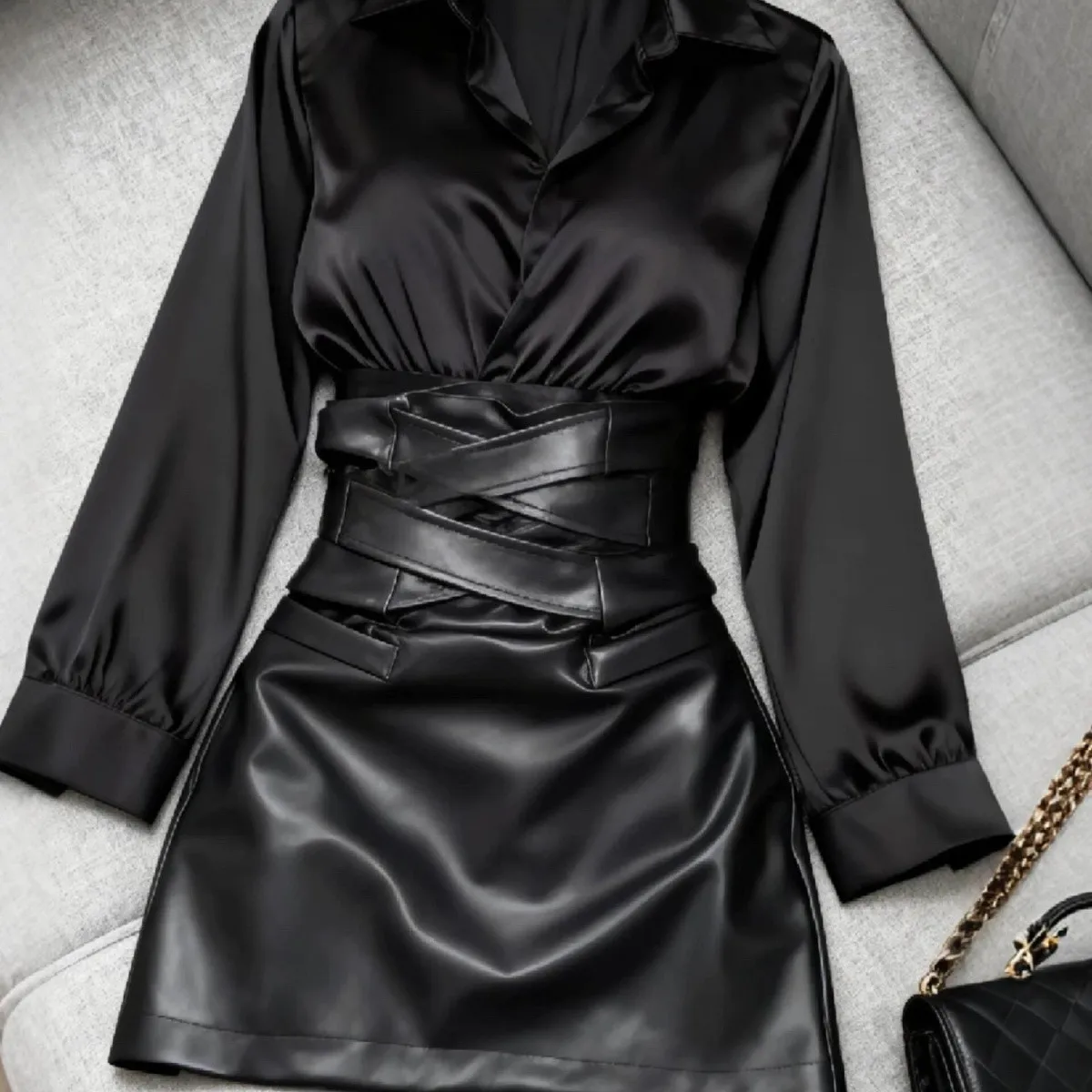 2026 Spring Summer New Two Pieces Set A-Line Skirt Women Fashion High Waist Sexy Skirt Long Sleeve Shirt Tops + Short Skirt Suit