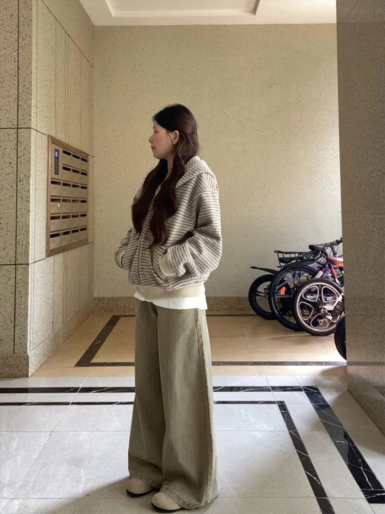 

Loose Women's Hoodie Sweatirt Jaet in Apricot Stripes Casual Versatile Design Autumn New Sle Korean Sle Street Sle