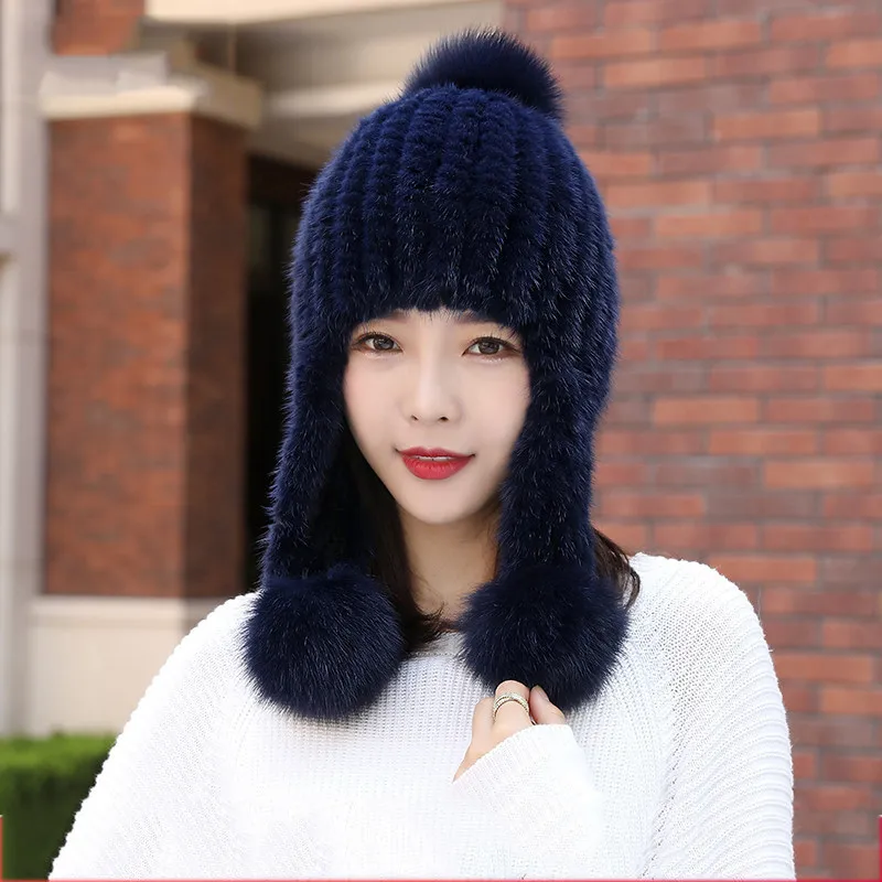 Hat Women Winter Fur Mink, Hat Women Winter Fur Color, Knitted Hats Caps Fur Ball, Winter Hat Women Mink