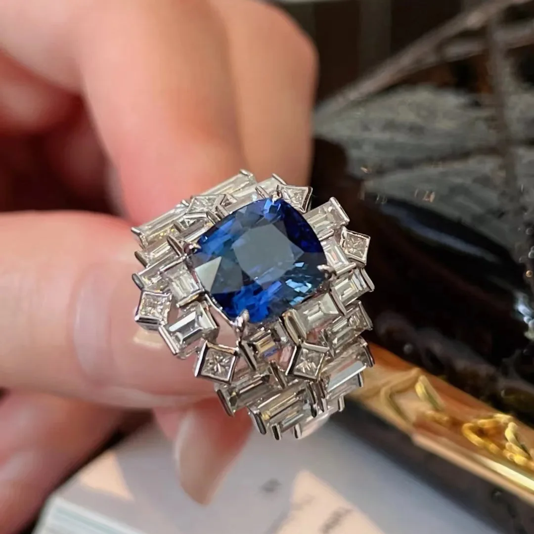 Exquisite Block Zircon Splicing Sterling Silver Ring Full of Pink Blue Diamonds for Ladies Jewelry Party Wedding Birthday Gift
