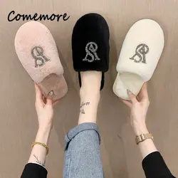 Women Hairy Cotton Slippers Female Autumn Winter Warm Plush Slipper Home Rhinestones House Fashion Female Slides Shoes