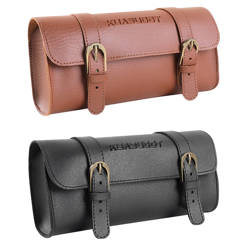 Motorcycle Saddle Storage Bag Leather Retro Bicycle Tail Bag Large Capacity Bicycle Front Fork Tail Tool Bag for Outdoot Cycling