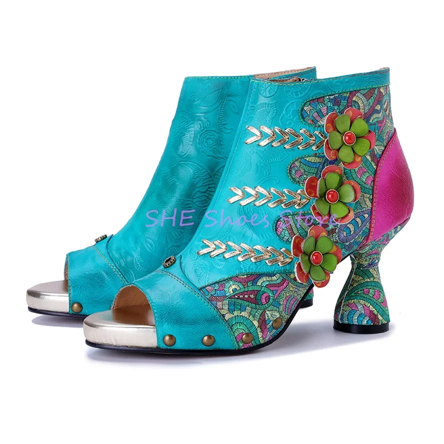 

Fashion 3D Flowers Genuine Leather Women High Top Sandals Mixed Color Peep Toe High Heel Summer Cool Boots Ladies Dress Shoes