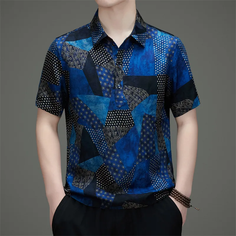 Gambiered Canton Gauze Polo Shirts For Men Short Sleeve Premium Summer Quality Geniune Silk 100% Skin-Friendly Camisas De Hombre