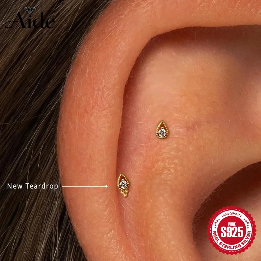 AIDE 925 Sterling Silver Tiny Teardrop Studded Diamond For Lobe Tragus Cartilage Piercing Summer Women Ear Fine Jewelry Gifts