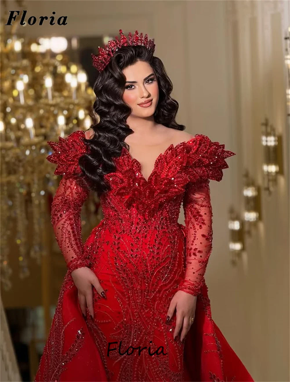 

Мусульманские красные вечерние платья из двух частей, расшитые бисером, съемная юбка, кристаллы, платье для красной ковровой дорожки, вечерние церемониальные платья по индивидуальному заказу