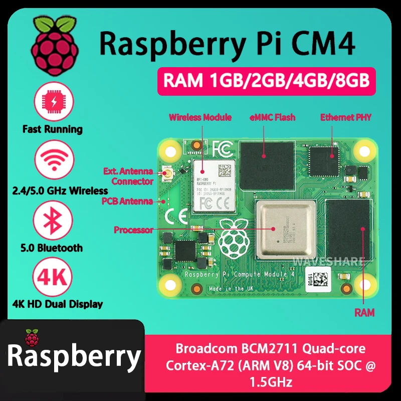 

Raspberry Pi CM4 1 ГБ/2 ГБ/4 ГБ/8 ГБ ОЗУ Rpi ComputeModule 4 4 ГБ/8 ГБ/16 ГБ/32 ГБ EMMC Wi-Fi Дополнительно четырехъядерный процессор BCM2711 CortexA7264