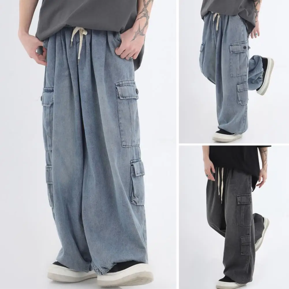 Men Relaxed Fit Jeans Men's Hop Style Denim Pants with Elastic Waist Multi Pockets Solid Color Trousers for Spring Autumn Wide