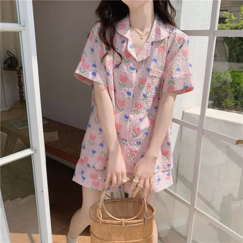 

Sweet Printed Summer Pajama Sets Women Baggy Leisure Home Lounge New Arrival Korean Style Feminino Designed Students Sleepwear
