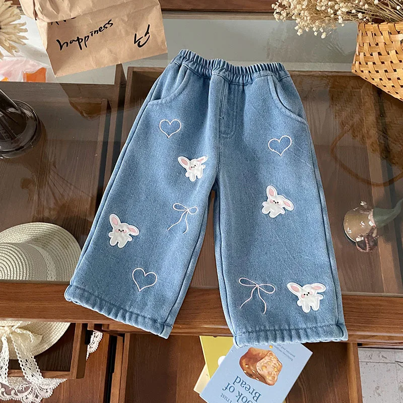 

Children Baby Girls Jeans 2025 Winter Rabbit Embroidery Toddler Kid Girl Straight-leg Pants Elastic Waist Teenager Girls Trouser