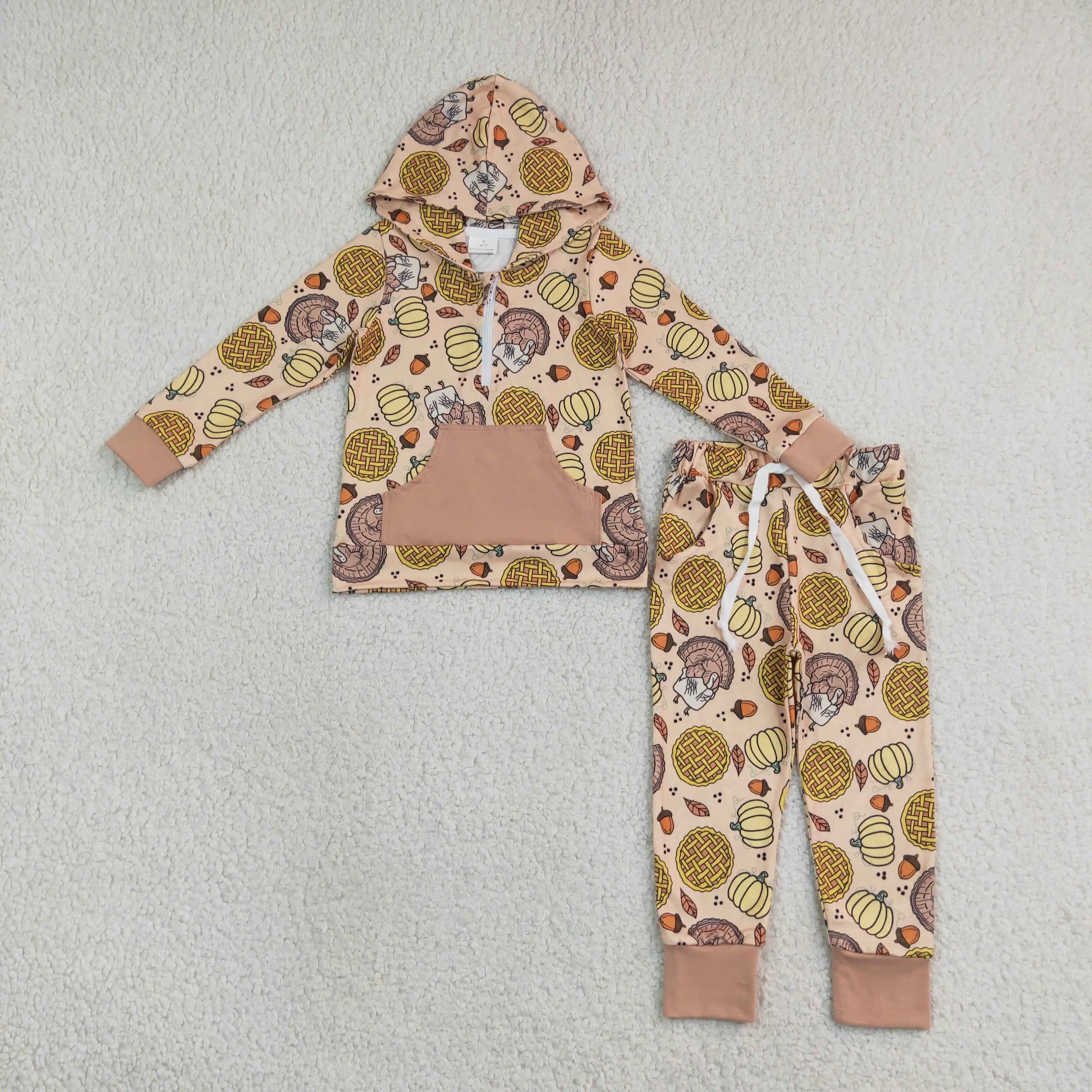 Wholesale Baby Boy Thanksgiving Outfit Toddler Kids Pumpkins turkey Shirt Hoodie Pocket Pullover Pants Children Set Fall Clothes