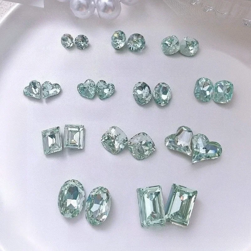 1Pc K9 Crystal Nail Rhinestone Light Pink Blue Multi-facet Irregular Pointed Back Fat Square  Heart Nail Charms For DIY Manicure