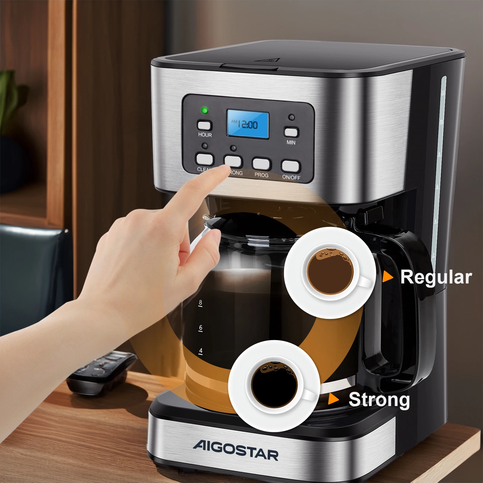 ماكينة صنع القهوة بالتنقيط من Aigostar، شاشة Lcd، فلتر قابل لإعادة الاستخدام، قابل للبرمجة، وظيفة التنظيف الذاتي (الإزالة الترسبات)، سعة 1.8 لتر (12 كوب)، وظيفة الدفء. خالية من مادة Bpa