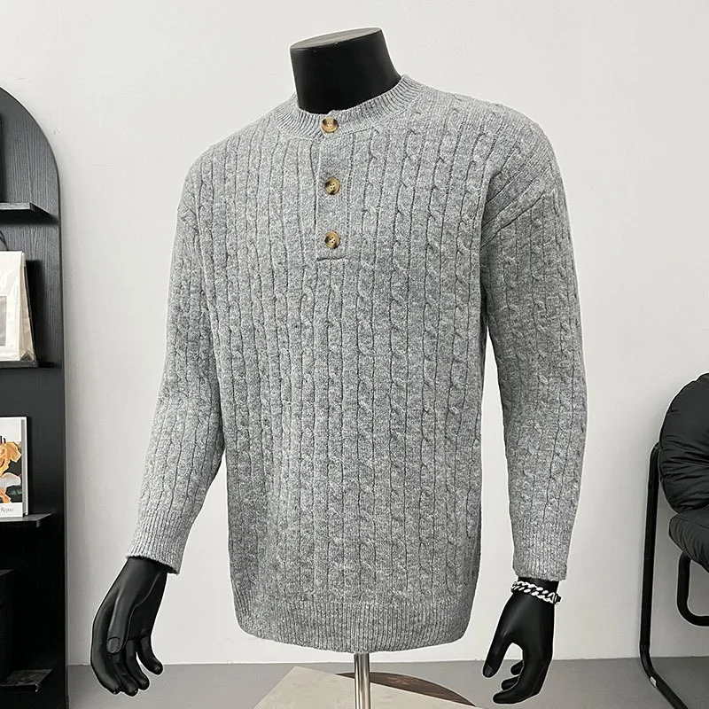

Мужской свитер свободного кроя с воротником хенли, повседневный, в корейском стиле, модный, больших размеров, осенне-зимний, из полиэфирного волокна