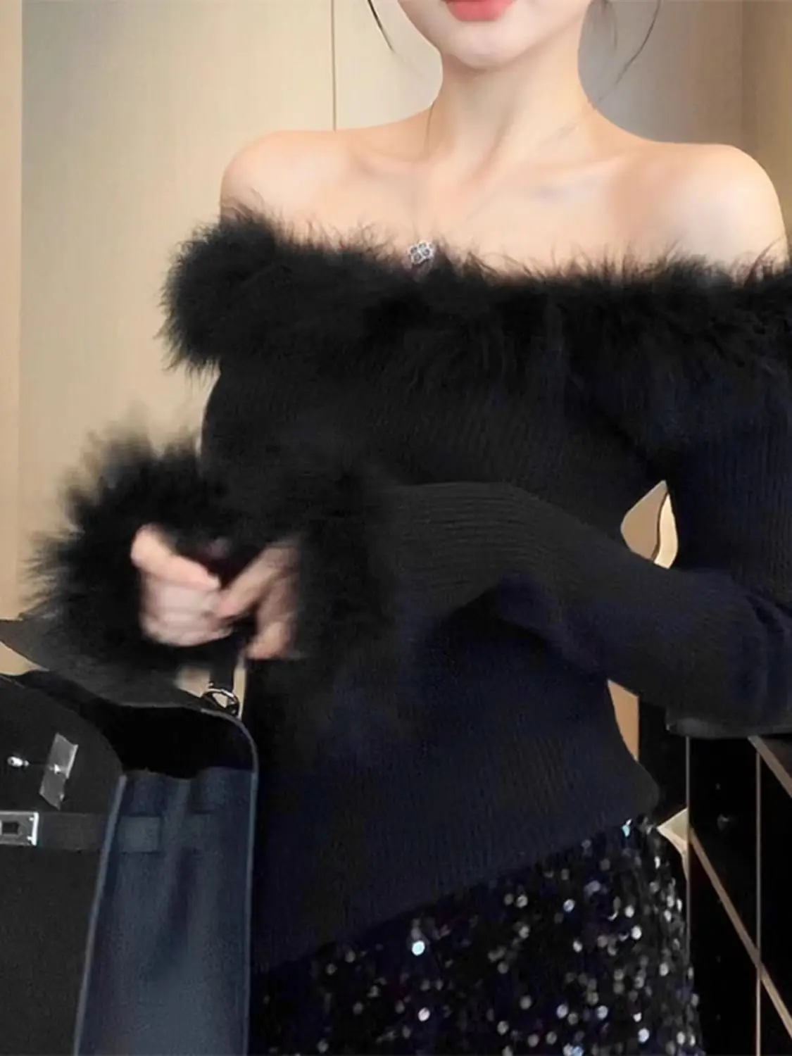 Kimutomo Women Black Camel Hair One Shoulder Top New Autumn Winter Chic Gorgeous Slim Off Shoulder Inner Bottoming Shirt