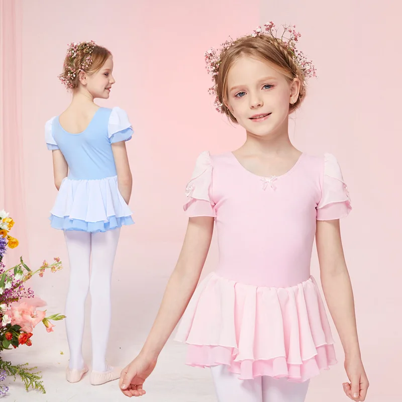 

Ballet Dress Kids Leotard Tutu Ruffled Sleeve Cotton Chiffon Ballet Class Performance 3-8Y Ballerina Costume with Layered Skirt