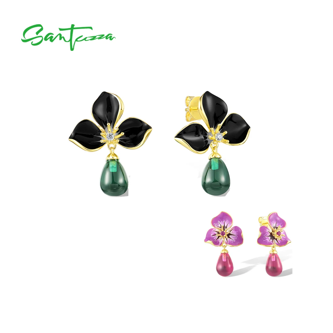 

SANTUZZA Аутентичные серьги из стерлингового серебра 925 пробы для женщин, сверкающие зеленые и розовые камни, изысканные подарки для вечеринок, эмалированные украшения, ювелирные изделия высокого качества