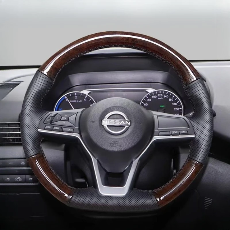 

Для Nissan X-Trail Rogue (Sport) 2017-2019 Qashqai 2018, прошитый вручную черный кожаный чехол на руль автомобиля с текстурой персикового дерева