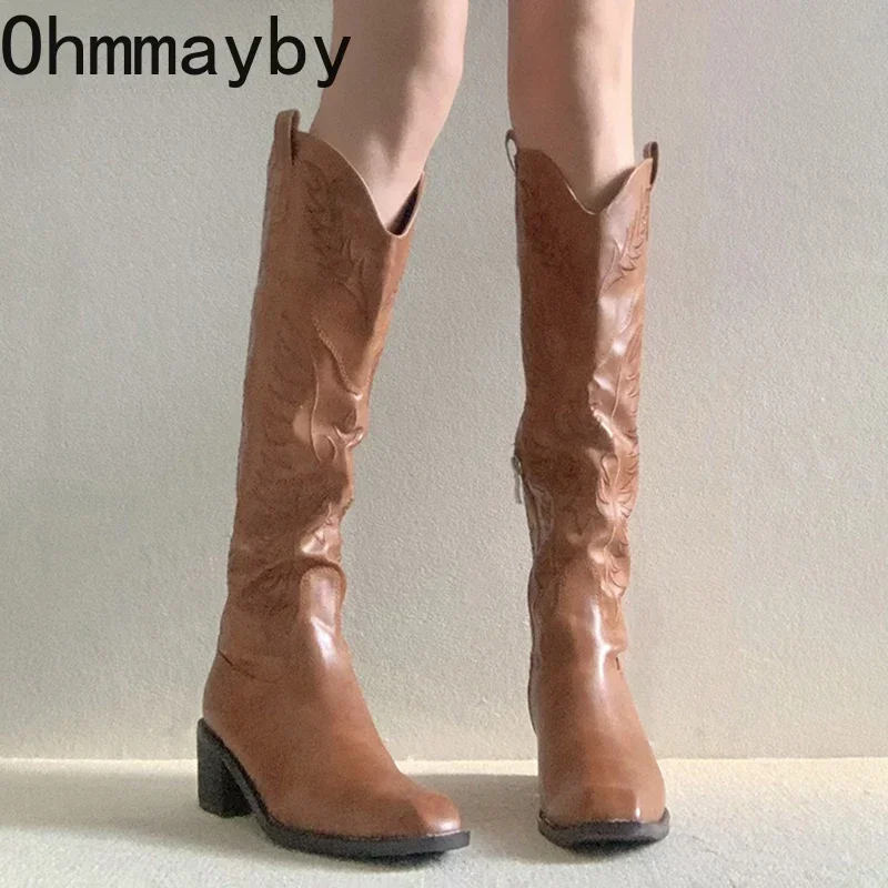 Vintage V mouth Women Western Knee-High Boots Fashion Side Zippers Shoes Autumn Winter Thick Heel Ladies Knight Long Booties